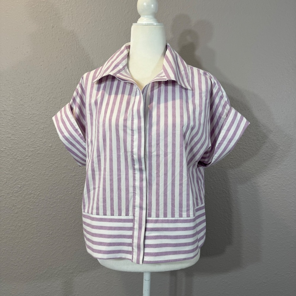 Hope & Harlow Women's Size M Purple Striped Short Sleeve Button Down Shirt